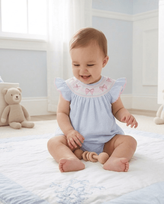 Blue Seersucker Bow Smocked Flutter Romper