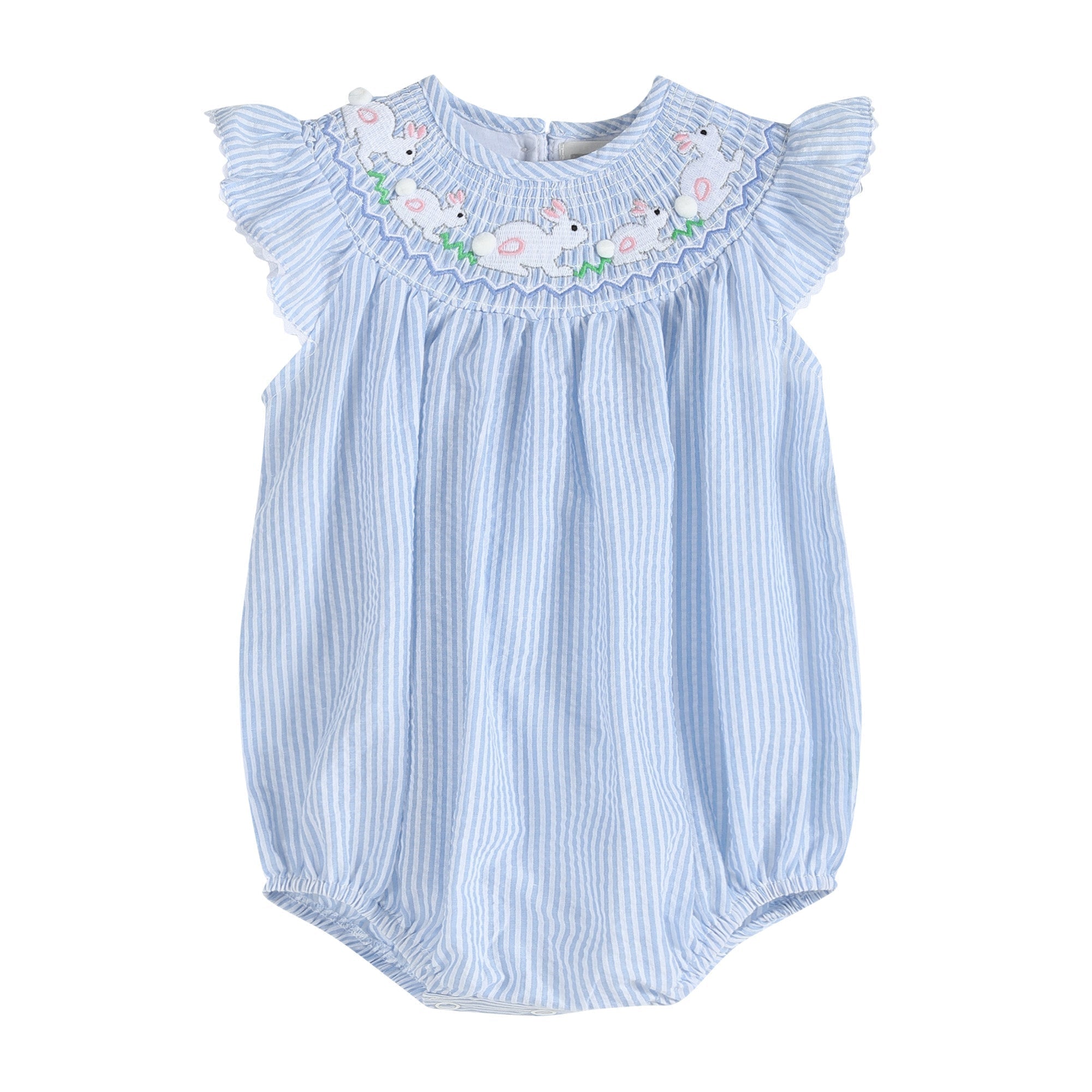 Blue Seersucker Bunny Smocked Flutter Romper - Blissfully Lavender BoutiqueLil Cactus