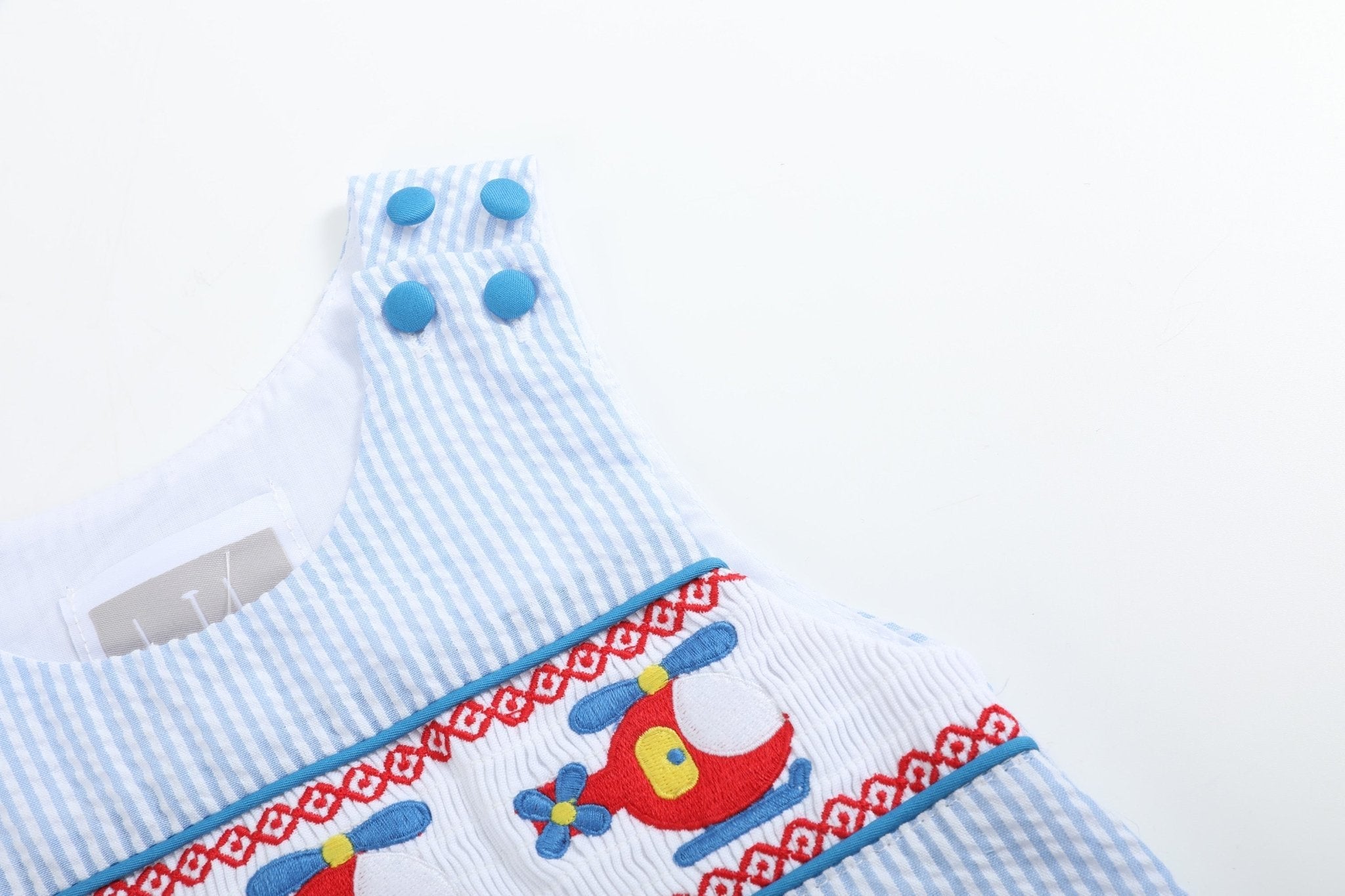Blue Seersucker Helicopter Smocked Shortalls