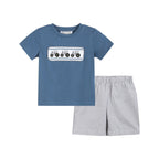 Blue Tractor Smocked Shirt & Gray Shorts Set