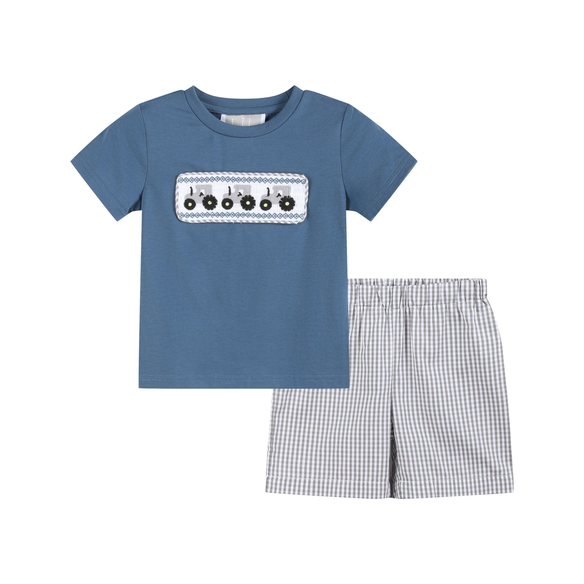 Blue Tractor Smocked Shirt & Gray Shorts Set