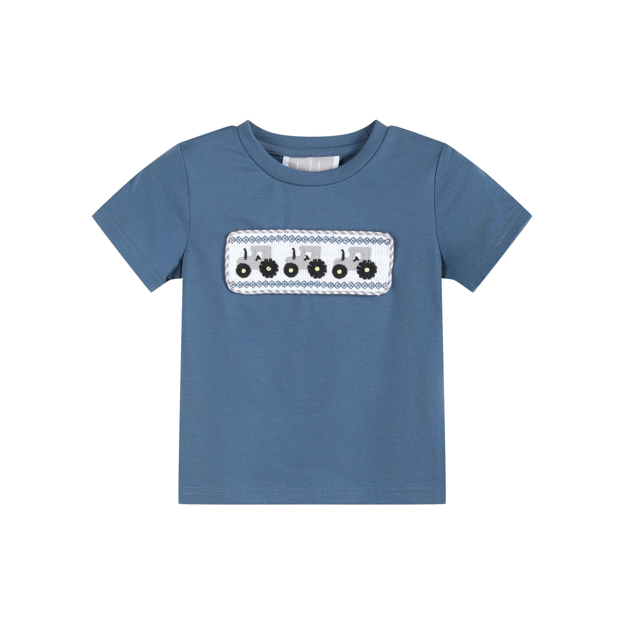 Blue Tractor Smocked Shirt & Gray Shorts Set