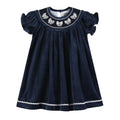 Blue Velvet Silver Bows Smocked Ruffle Bishop Dress