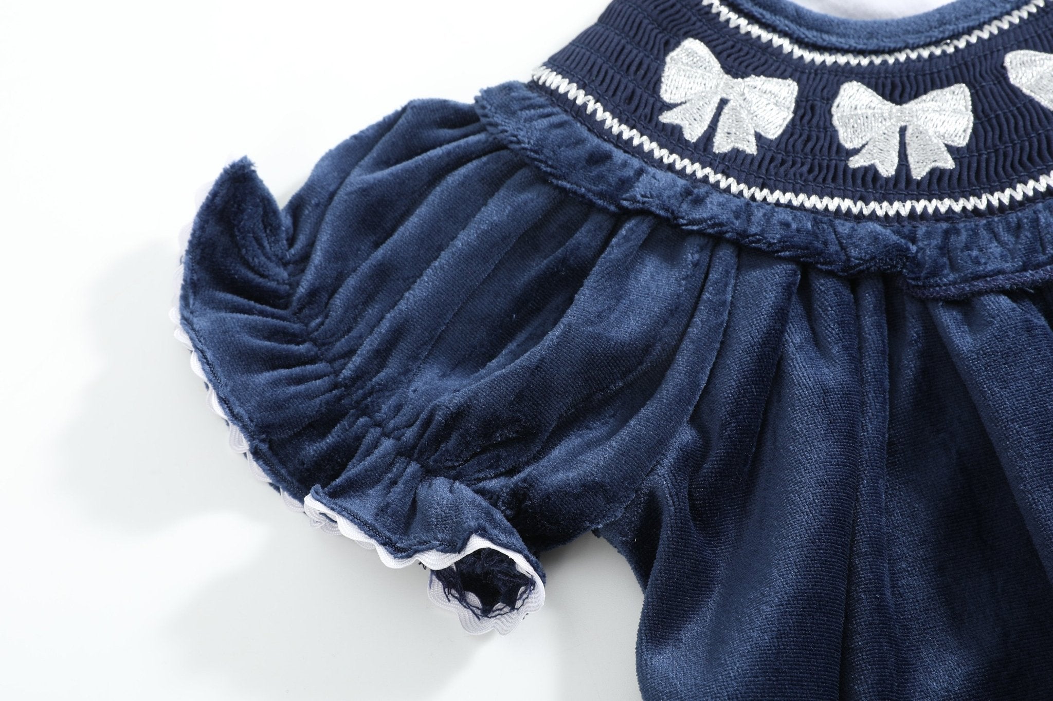 Blue Velvet Silver Bows Smocked Ruffle Bishop Dress