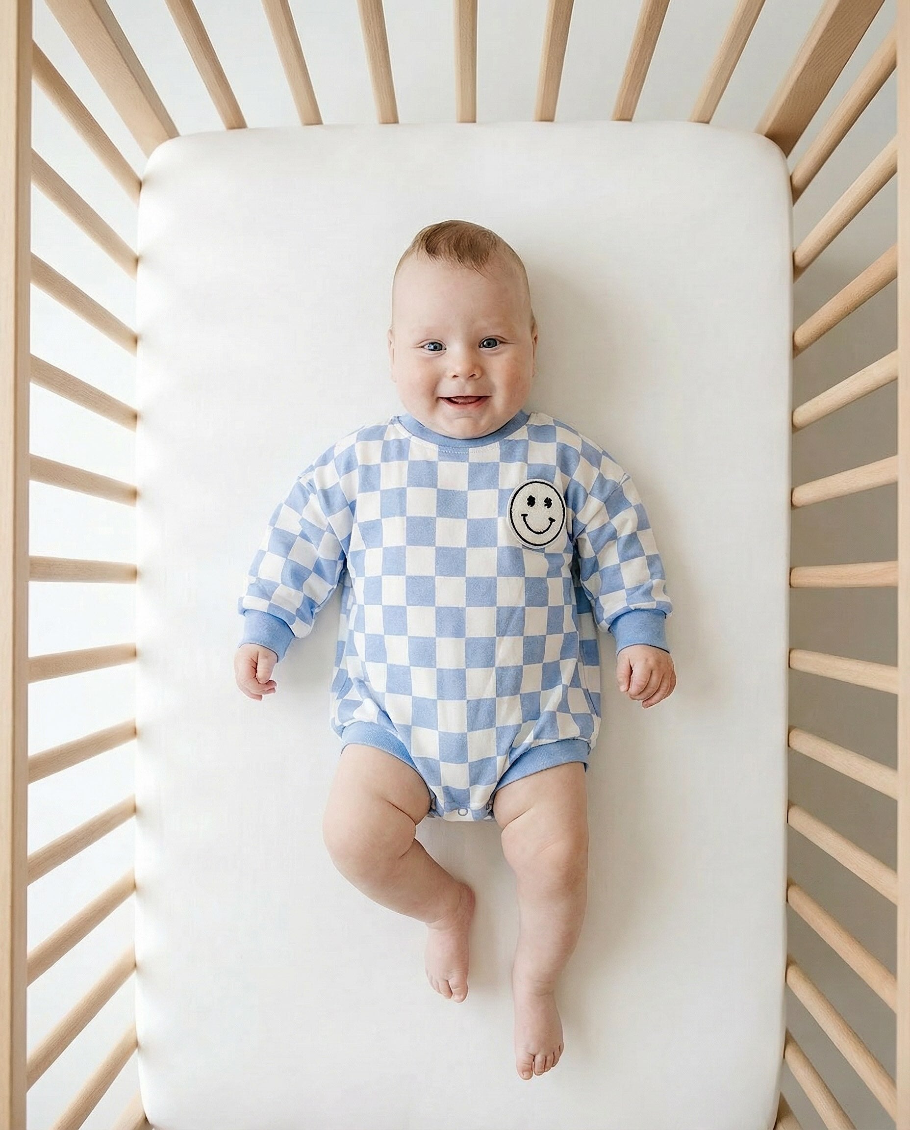 Bubble Romper | Checkered Smiley Blue