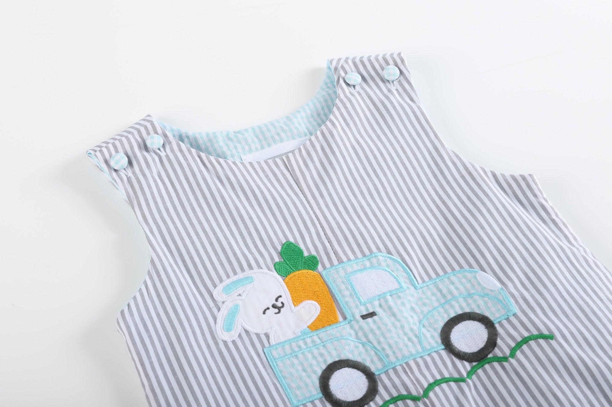 Boys’ Gray Striped Easter Bunny Truck Applique Overalls - Blissfully Lavender BoutiqueLil Cactus