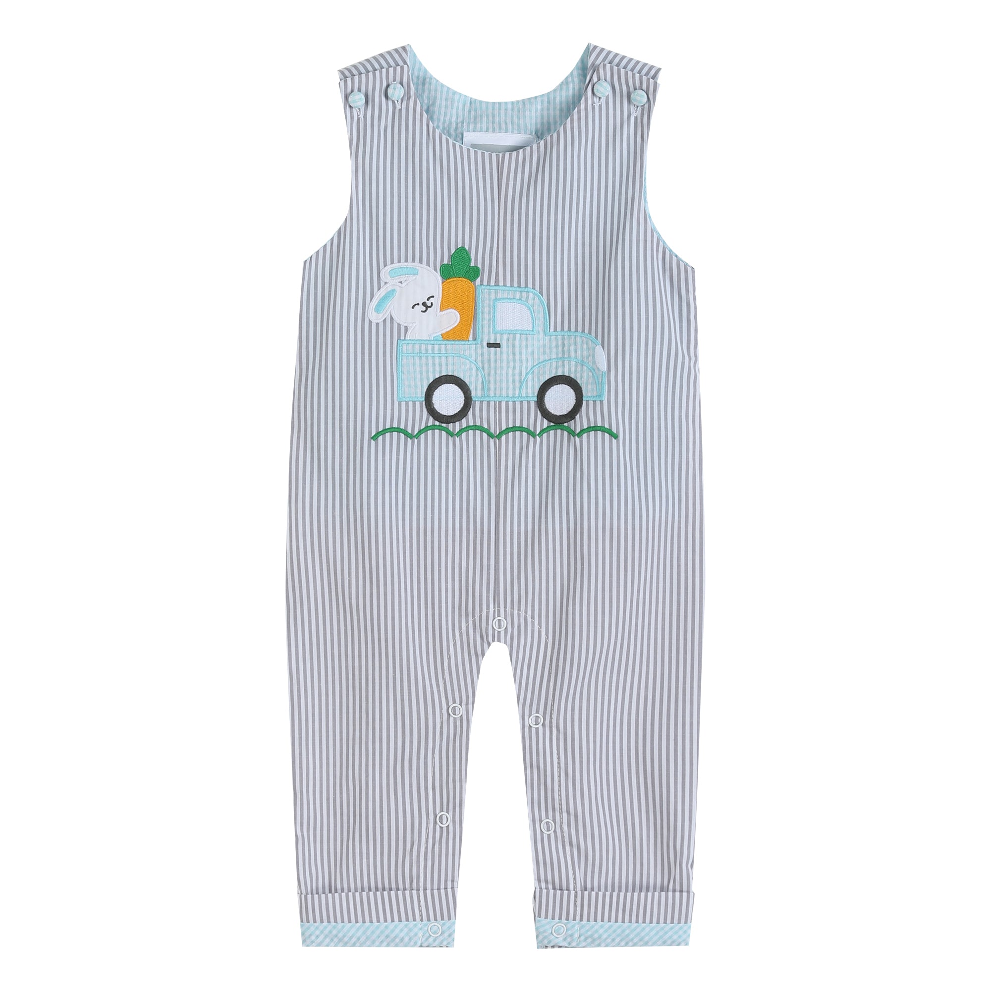 Boys’ Gray Striped Easter Bunny Truck Applique Overalls - Blissfully Lavender BoutiqueLil Cactus