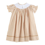 Brown Gingham Football Smocked Bishop Dress