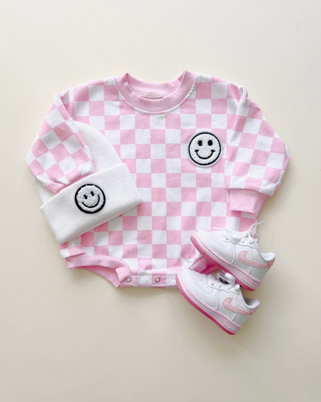 Baby Girl Checkered Smiley Pink Bubble Romper