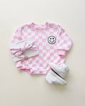 Checkered Smiley Pink Bubble Romper