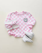 Checkered Smiley Pink Bubble Romper