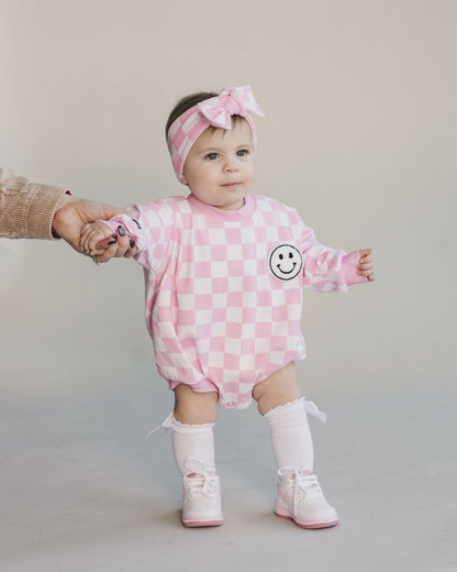 Baby Girl Checkered Smiley Pink Bubble Romper
