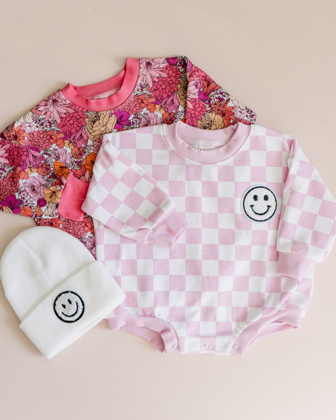Baby Girl Checkered Smiley Pink Bubble Romper