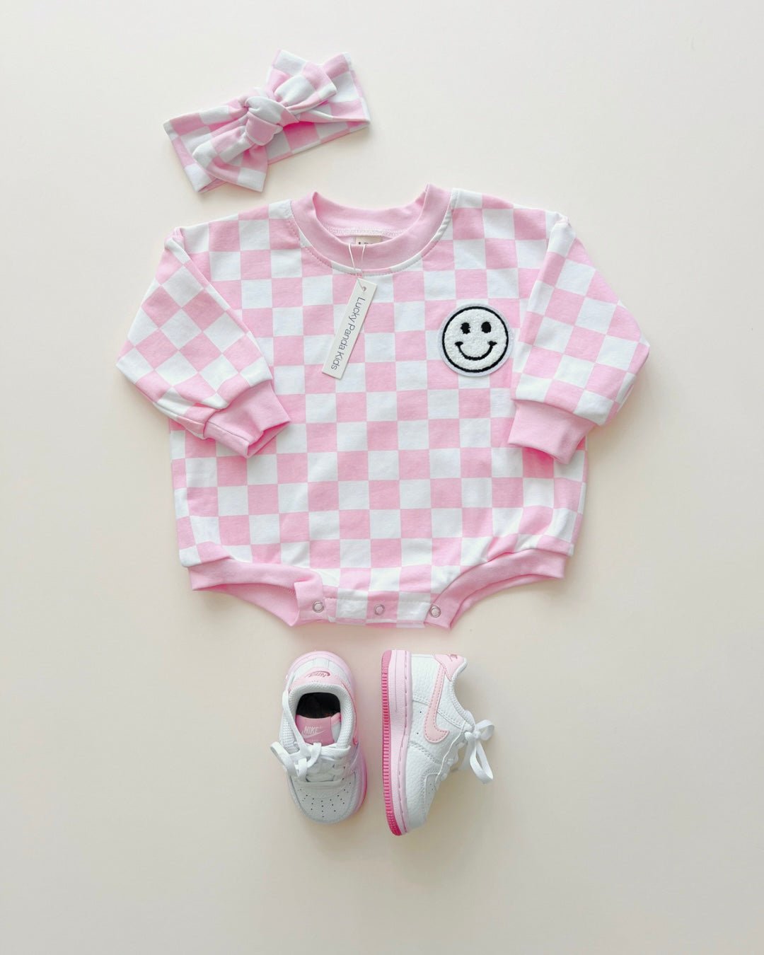 Baby Girl Checkered Smiley Pink Bubble Romper