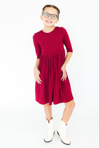 Burgundy 3/4 Sleeve Pocket Twirl Dress - Blissfully Lavender BoutiqueMila & Rose ®