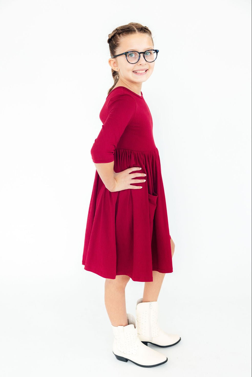 Burgundy 3/4 Sleeve Pocket Twirl Dress - Blissfully Lavender BoutiqueMila & Rose ®