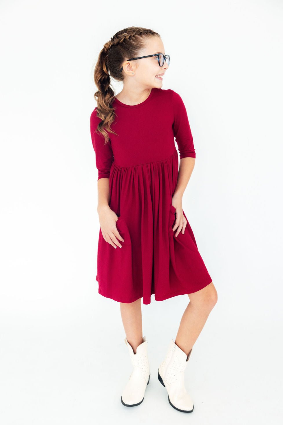 Burgundy 3/4 Sleeve Pocket Twirl Dress - Blissfully Lavender BoutiqueMila & Rose ®