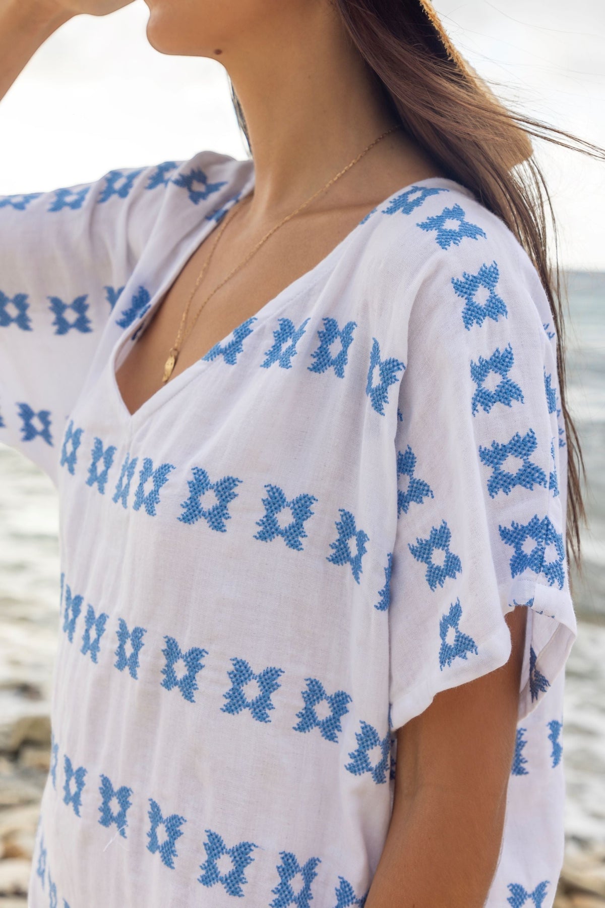 Capucine Women's Mini Caftan White with Blue Embroidery