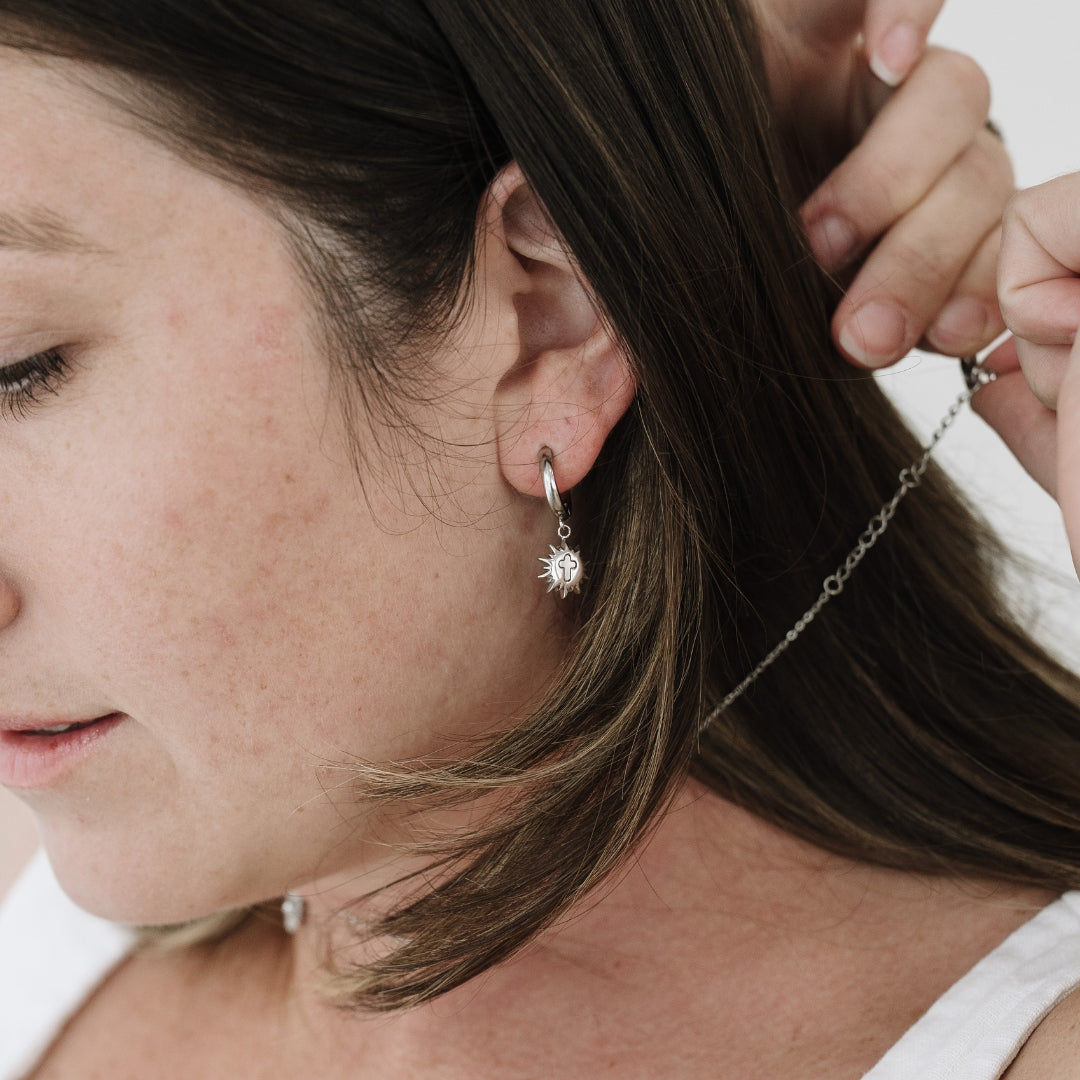 Monstrance Pearl Huggie Earrings