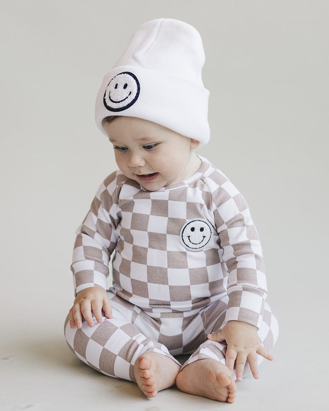 Boys Latte Checkered Smiley Lounge Set