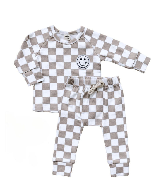 Boys Latte Checkered Smiley Lounge Set