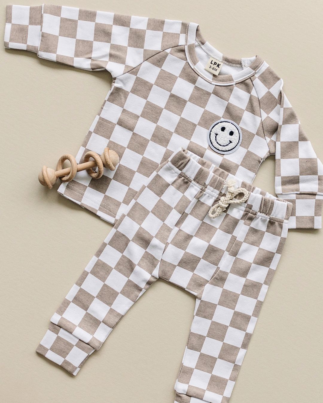 Boys Latte Checkered Smiley Lounge Set