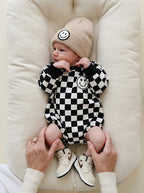 Bubble Romper | Checkered Smiley Black