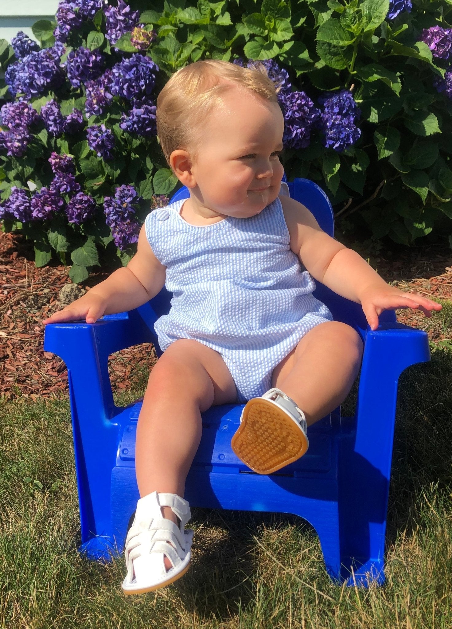 Classic Light Blue Seersucker Bubble Romper
