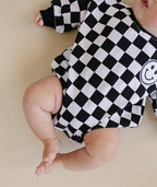 Bubble Romper | Checkered Smiley Black