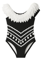 Black Swimsuit with Petals + Pom Poms
