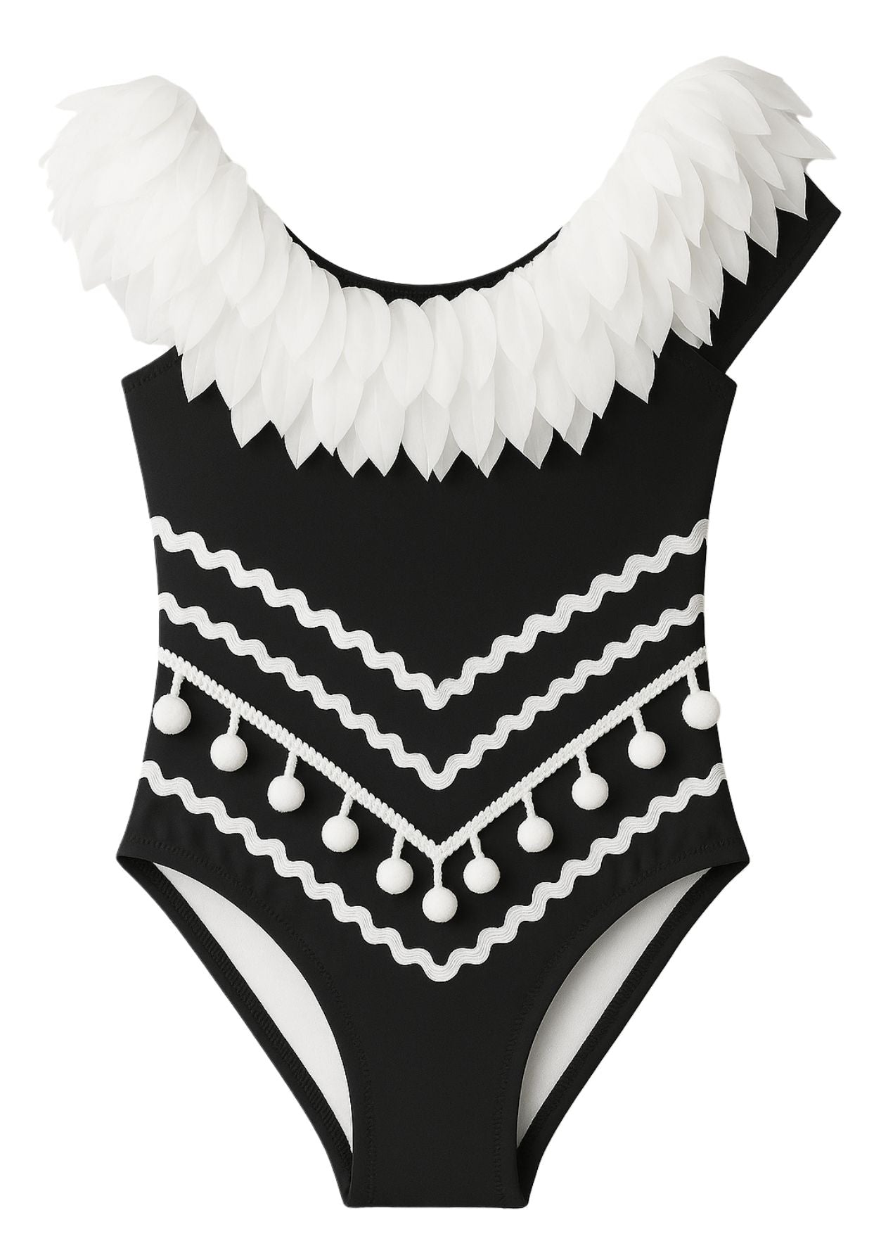 Black Swimsuit with Petals + Pom Poms