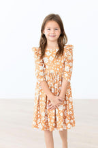 Golden Blooms 3/4 Sleeve Ruffle Twirl Dress