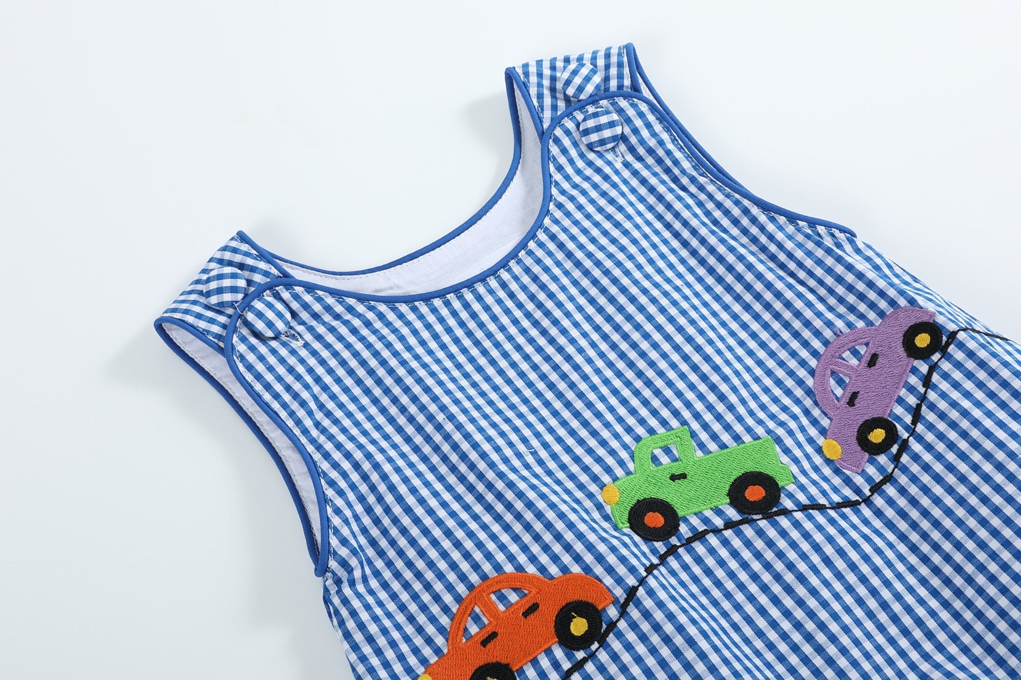Dark Blue Gingham Car Bubble Romper