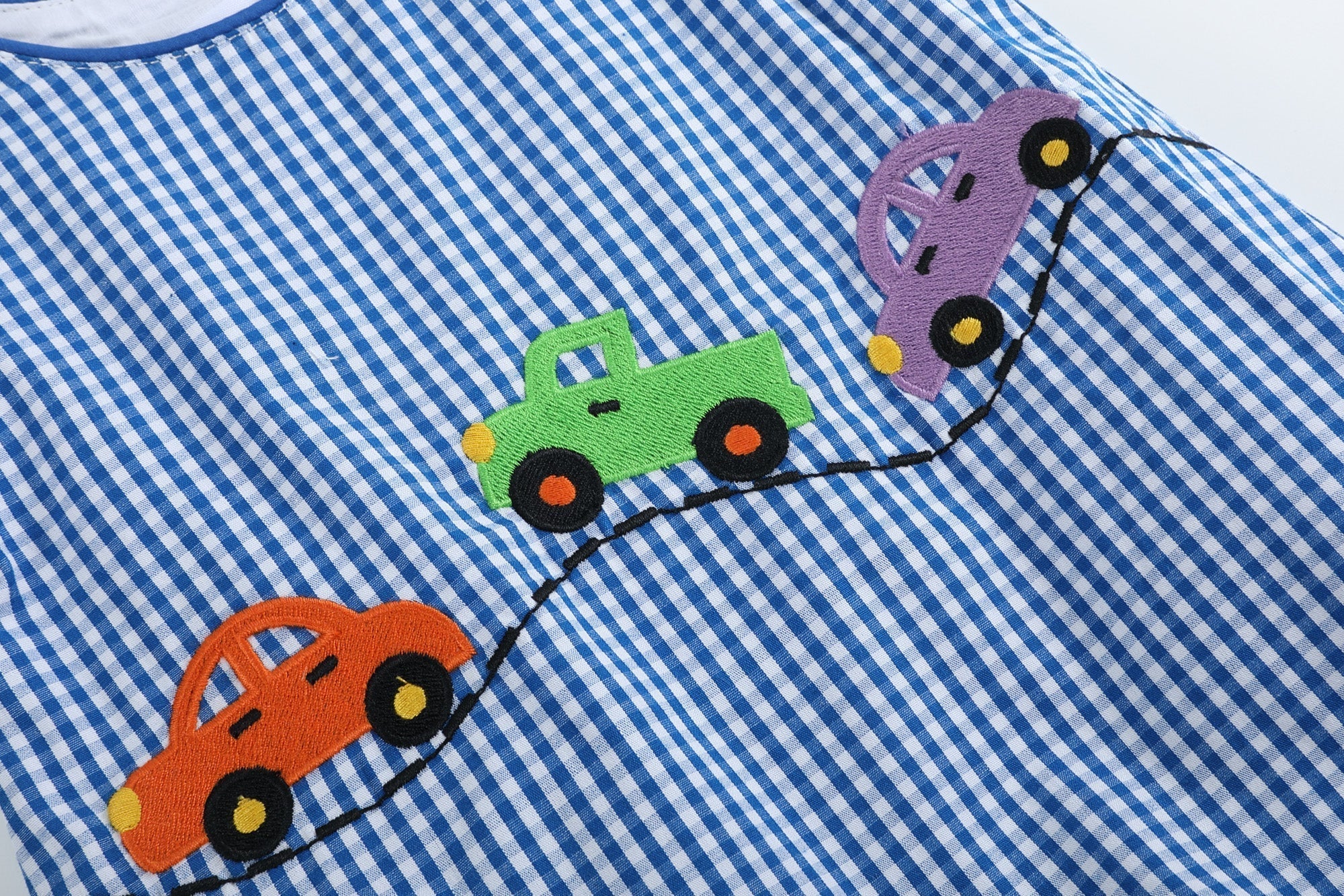 Dark Blue Gingham Car Bubble Romper
