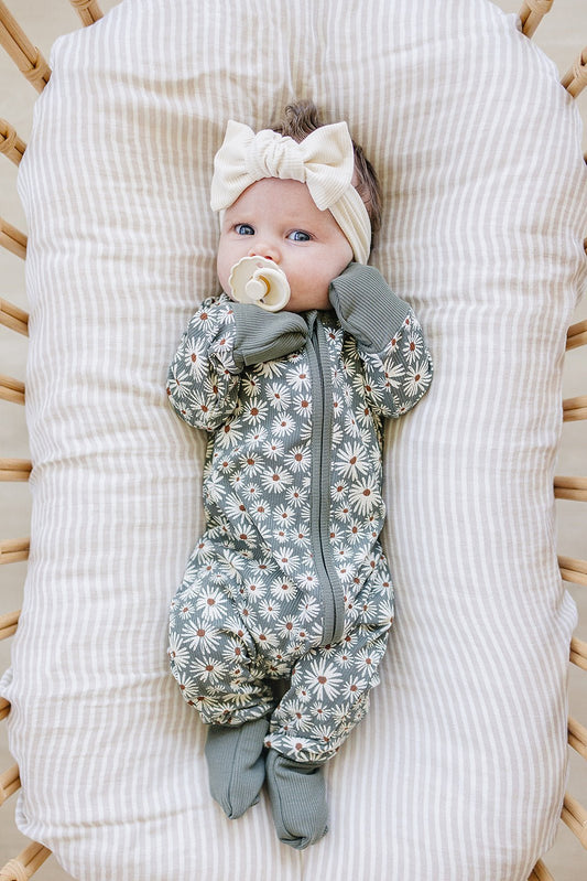 Dark Green Daisy Ribbed Bamboo Zipper Pajama - Blissfully Lavender BoutiqueMebie Baby