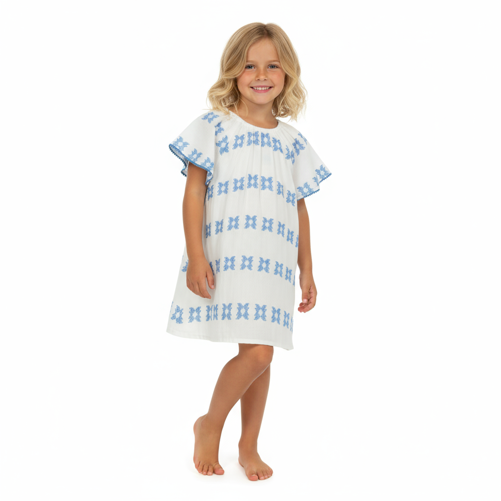 Mini Capucine Girls' Coverup White with Blue Embroidery
