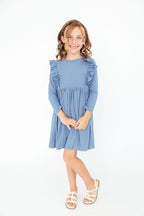 Dusty Blue Long Sleeve Ruffle Dress - Blissfully Lavender BoutiqueMila & Rose ®
