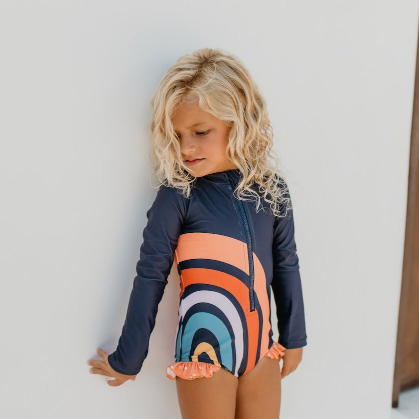 Rainbow Stripe Navy Zip Rashguard Swimsuit