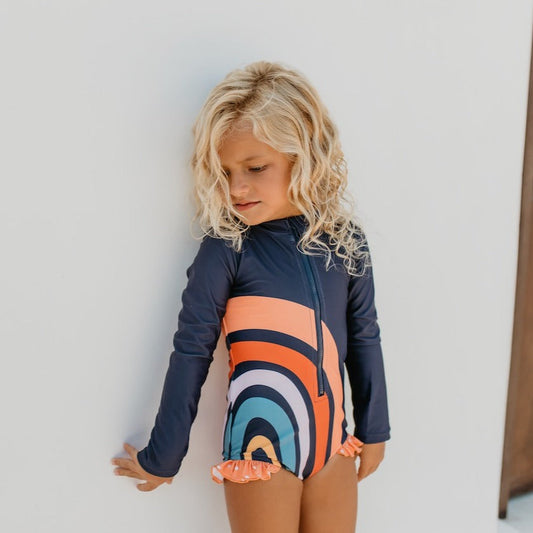Rainbow Stripe Navy Zip Rashguard Swimsuit