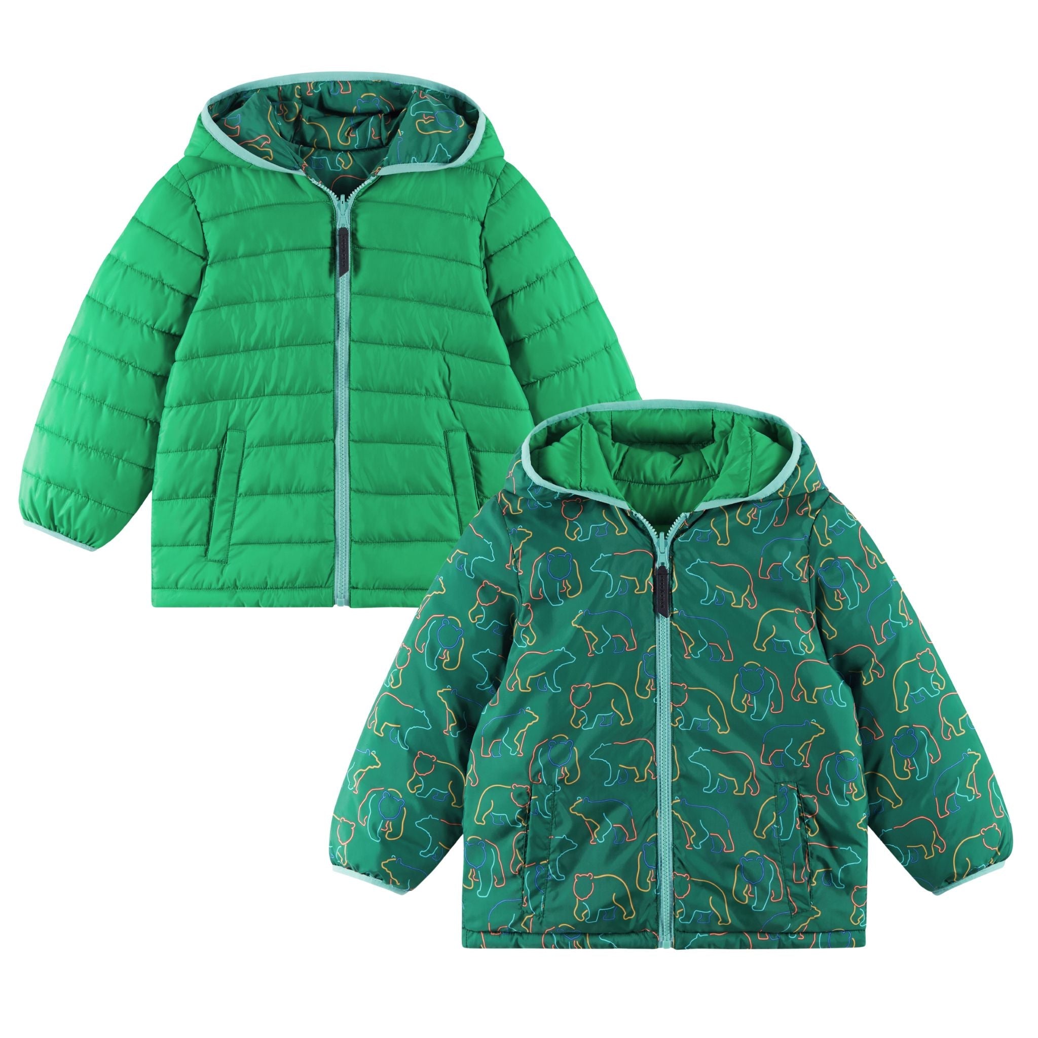 Kids Reversible Puffer Jacket | Green Bear