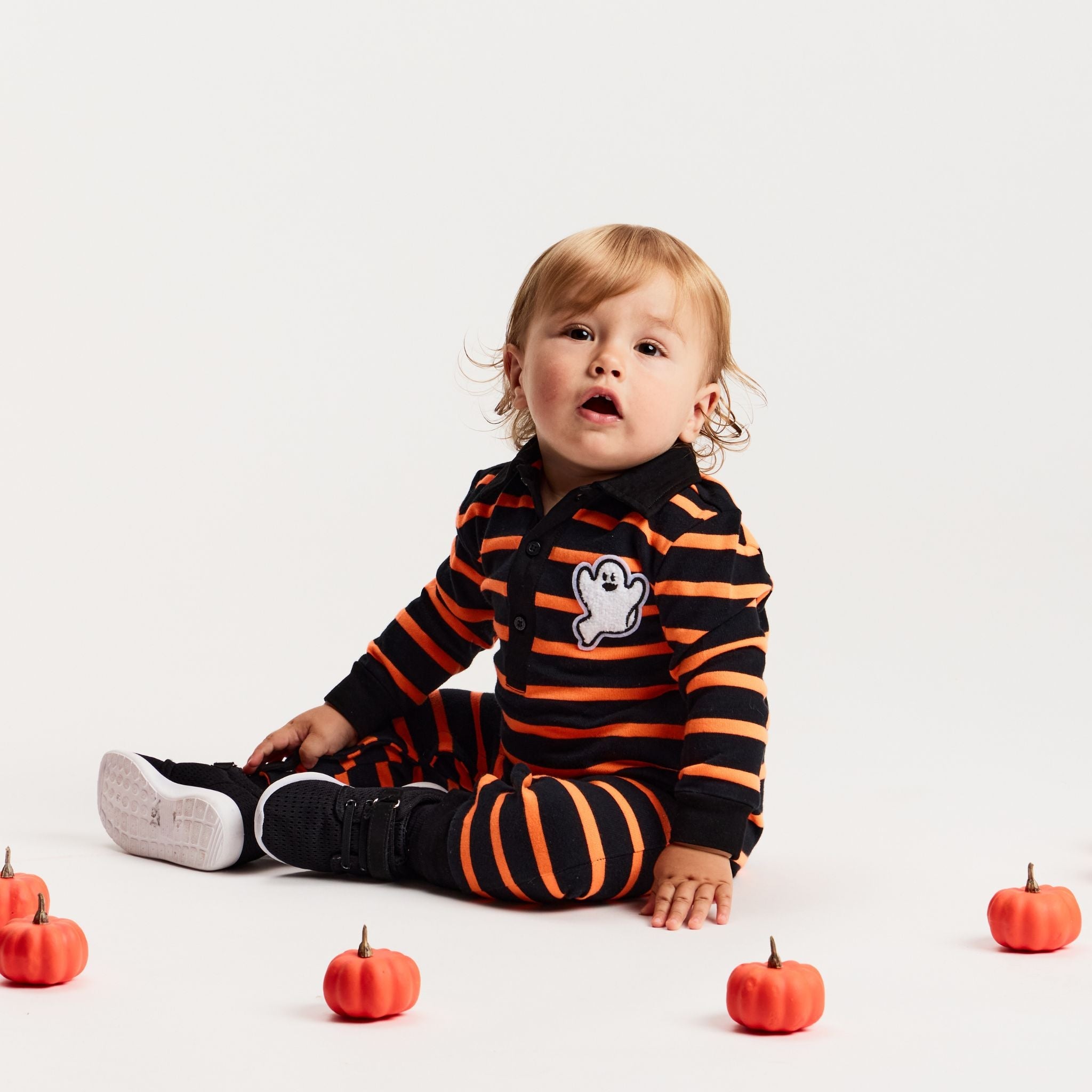 Infant Rugby Stripe Halloween Romper W/Ghost Patch | Black Ora Strp