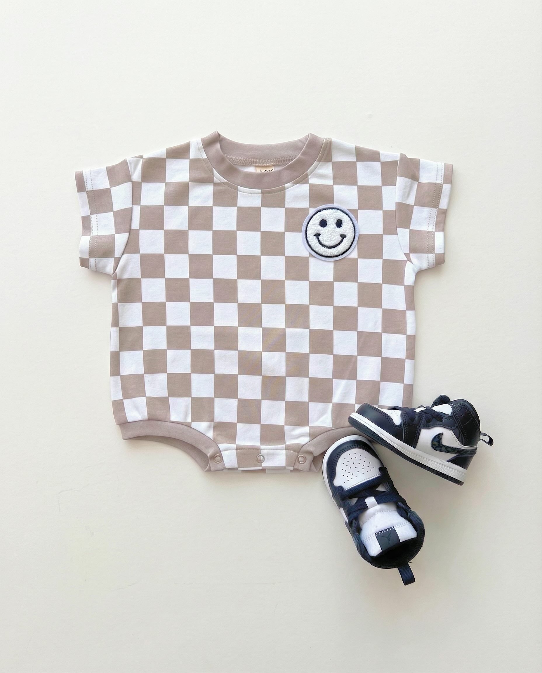 Latte Checkered Smiley Short Sleeve Bubble Romper