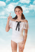 White Ruffle One-Piece Swimsuit with Black Bow