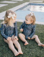 Girls Navy Berry Long Sleeve Ruffle Zipper One - Piece Swimsuit - Blissfully Lavender BoutiqueMebie Baby