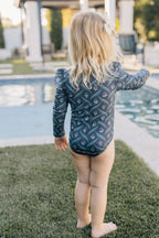 Girls Navy Berry Long Sleeve Ruffle Zipper One - Piece Swimsuit - Blissfully Lavender BoutiqueMebie Baby