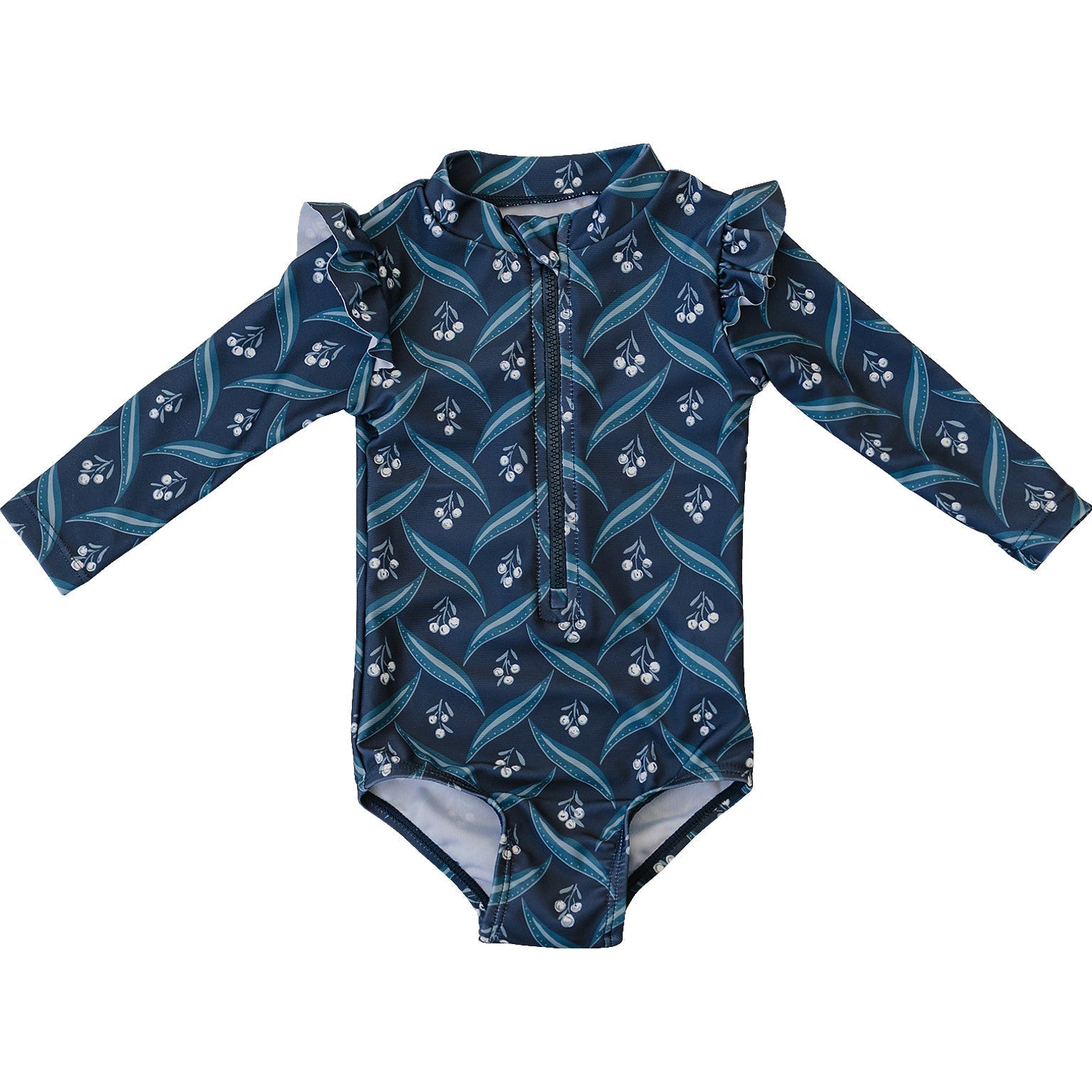 Girls Navy Berry Long Sleeve Ruffle Zipper One - Piece Swimsuit - Blissfully Lavender BoutiqueMebie Baby