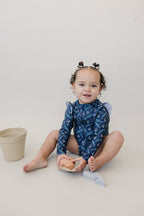 Girls Navy Berry Long Sleeve Ruffle Zipper One - Piece Swimsuit - Blissfully Lavender BoutiqueMebie Baby