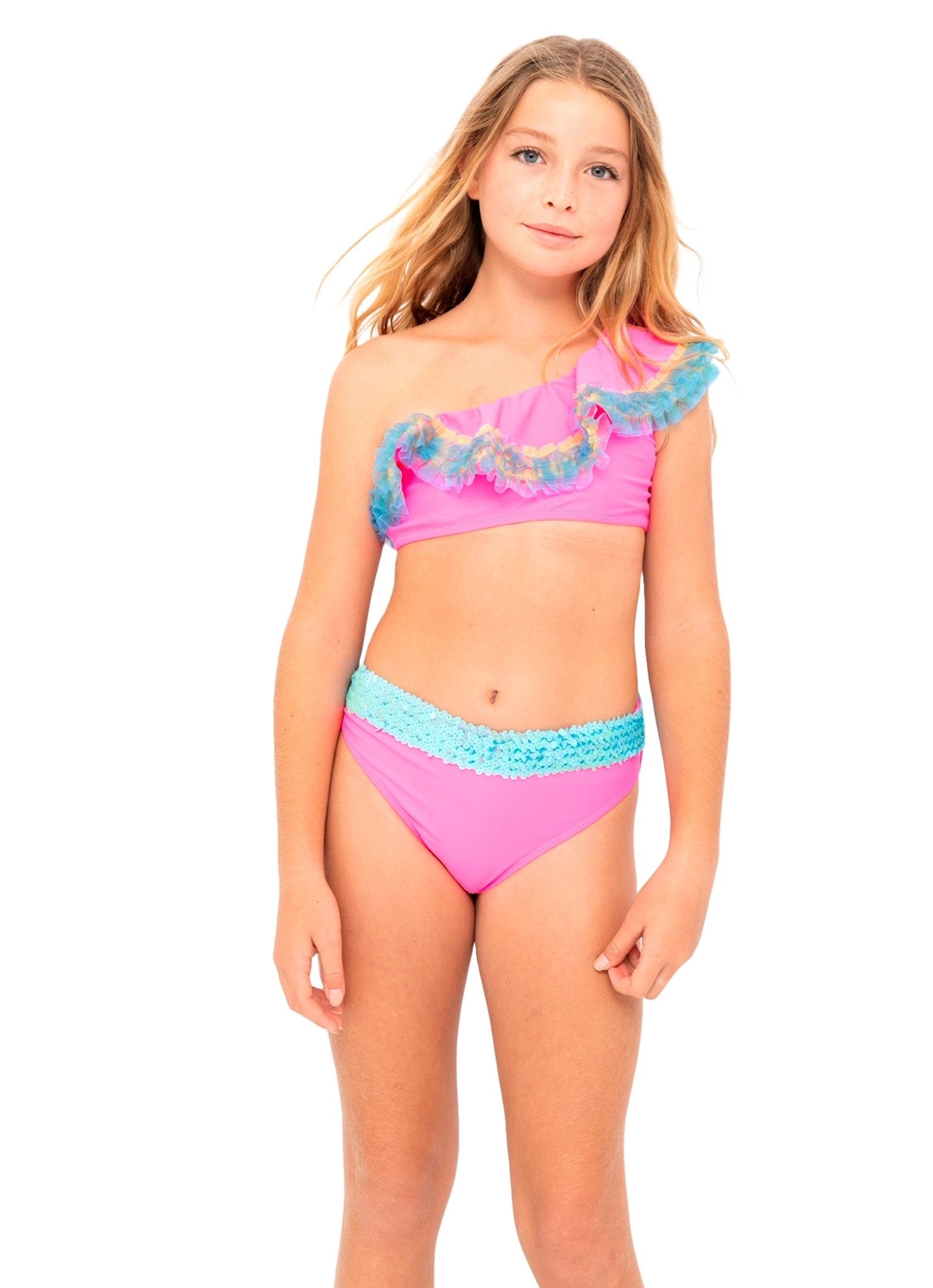 Girls Neon Pink One Shoulder Bikini with Anemone Fringe & Aqua Sequin Belt - Blissfully Lavender BoutiqueStella Cove