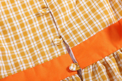 Girls Orange Gingham Ruffle Dress with Pumpkin Appliqué and Bow Accents