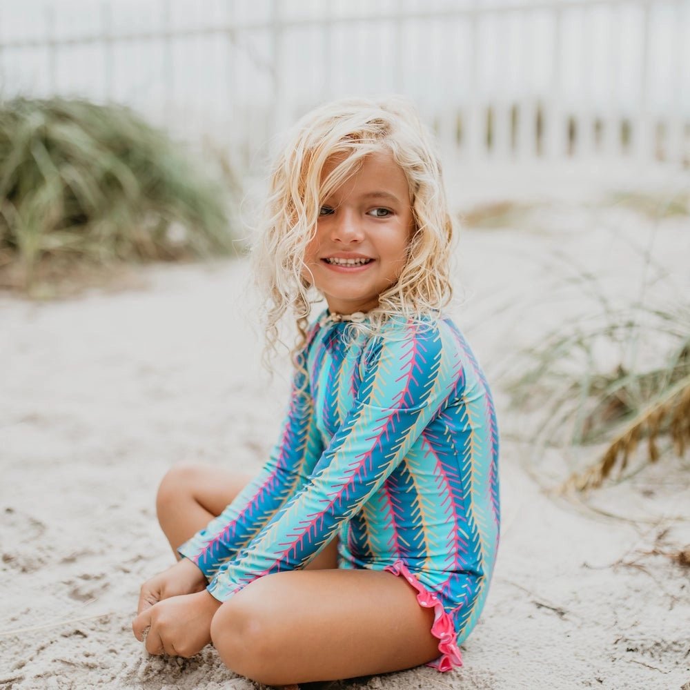 Girls Teal Strip Zip Rash Guard Swimsuit - Blissfully Lavender BoutiqueOopsie Daisy